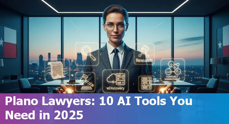 Plano attorney using AI tools on a laptop with Plano skyline in background, showing contract drafting and eDiscovery dashboards.