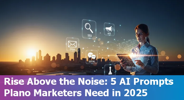 Plano marketer using AI prompts on laptop, with Plano skyline and marketing charts in the background.