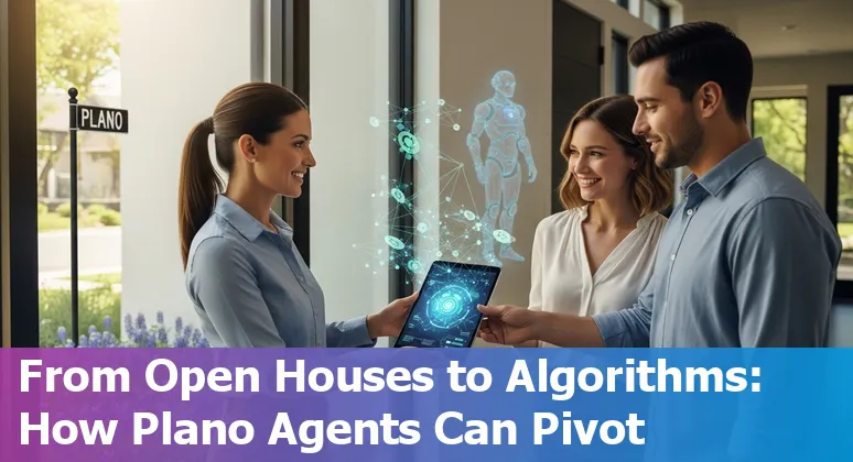 Plano skyline with real estate icons and AI circuitry overlay