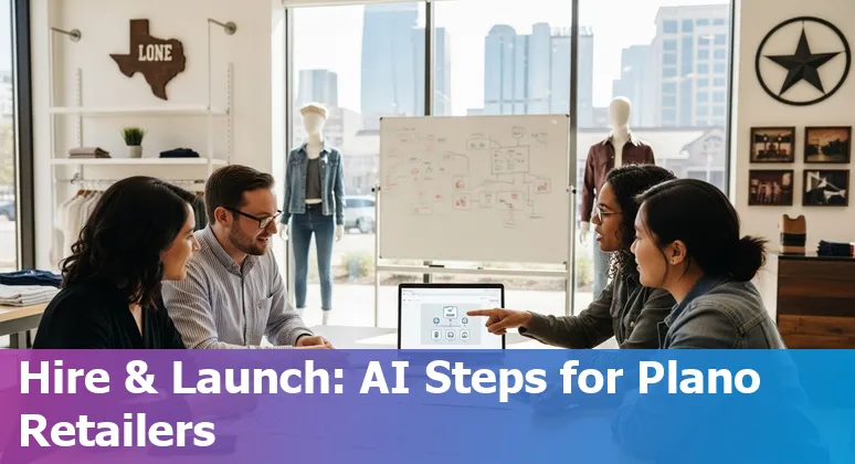 Illustration of AI in retail storefront in Plano, Texas, 2025 — robots, analytics dashboards, and secure cloud icons