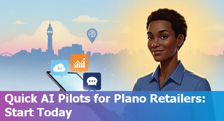 Illustration of AI retail use cases in Plano, Texas: personalized shopping, inventory robots, and a chatbot assisting local shoppers.