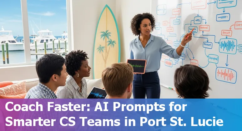 Customer service agent at desk using AI prompts on a laptop with Port Saint Lucie skyline overlay