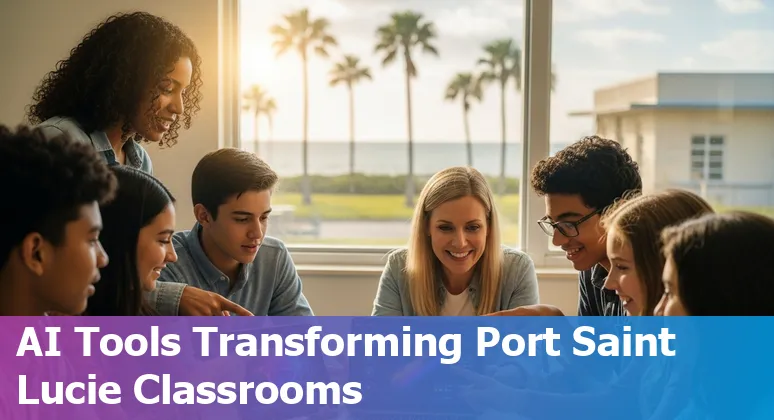 Students and educators in Port Saint Lucie using AI tools in classrooms with icons for adaptive tutoring, VR, translation, and scheduling.