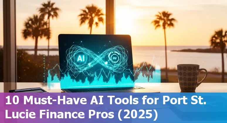 Collage of AI tool logos (Prezent, DataRobot, Zest AI, SymphonyAI, Kavout, Darktrace, Upstart, HighRadius, Rentastic) over a Port Saint Lucie skyline.