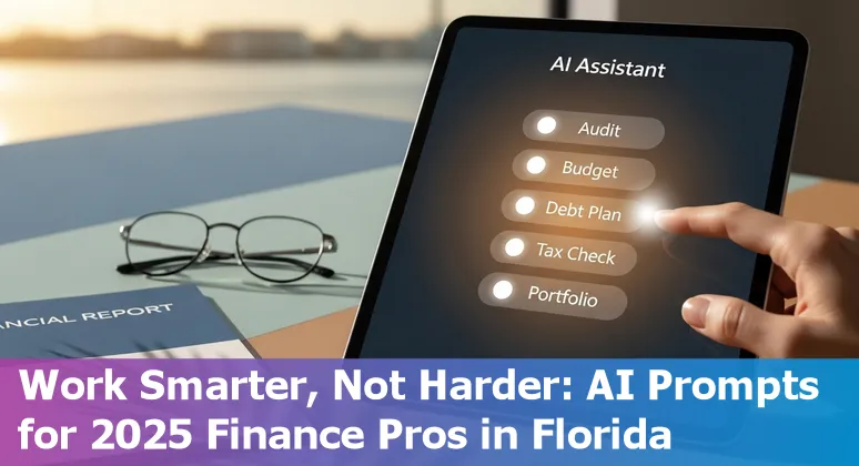 Finance advisor laptop with Port Saint Lucie map and AI prompt checklist on screen.