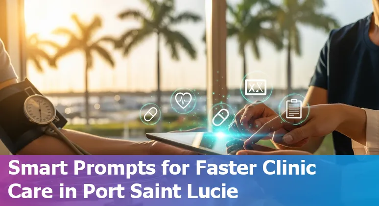 Doctor using AI dashboard showing patient triage, imaging results, and billing alerts in a Port Saint Lucie clinic