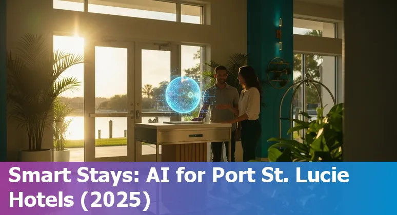 Hotel lobby with AI kiosk and Port Saint Lucie, Florida skyline in background — AI in hospitality 2025