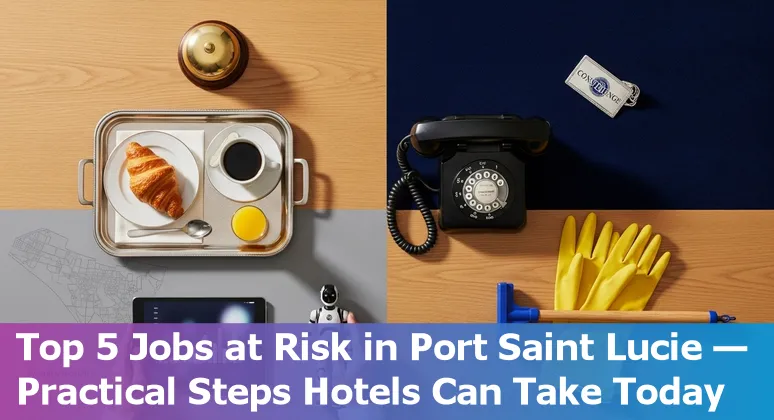 Hotel front desk kiosk with a Port Saint Lucie hotel in the background and hospitality staff learning on tablets.