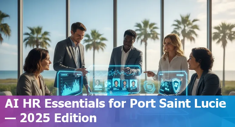 HR professional in Port Saint Lucie using AI tools on a laptop with icons for HireVue, Lattice, Eightfold, Textio and Lyra Health.