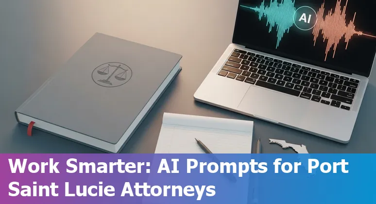 Attorney using AI on laptop with Port Saint Lucie map and legal documents on desk