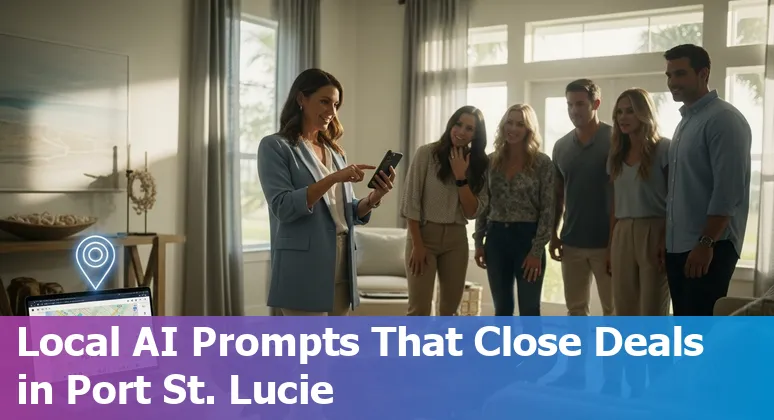 Realtor using AI tools on laptop with Port St. Lucie map and home listings on screen