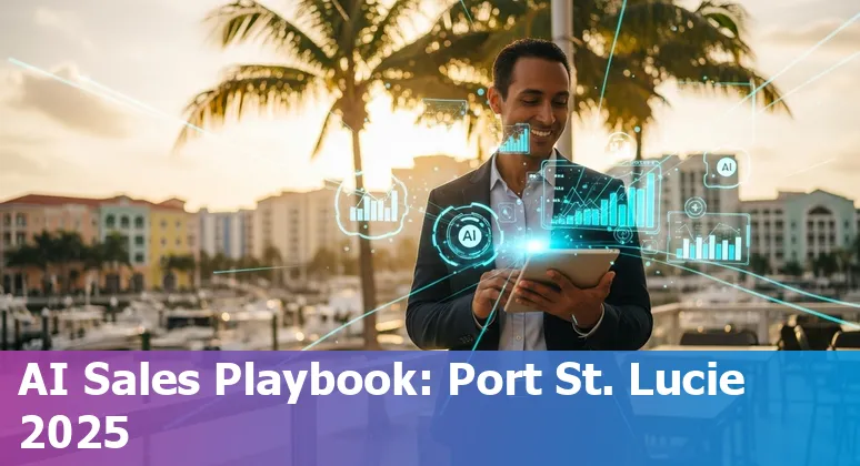 Sales professional using AI chatbot dashboard in Port Saint Lucie, Florida, US — local offices and beaches in background