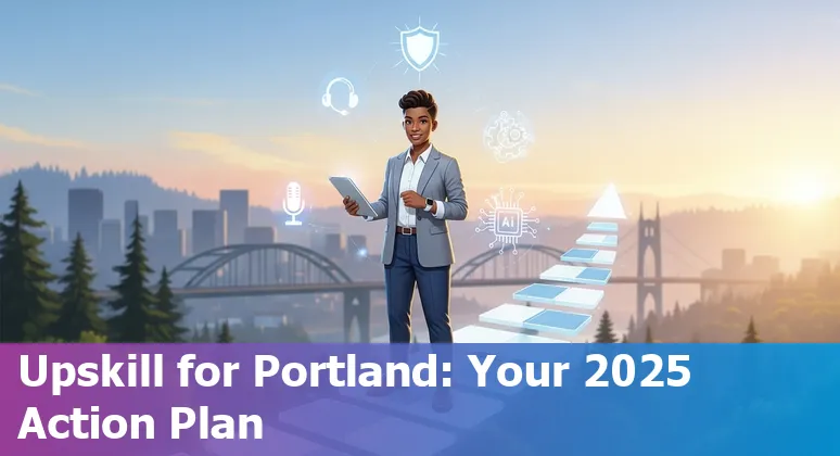 Customer service agent using AI tools in Portland, Oregon office with Portland skyline visible