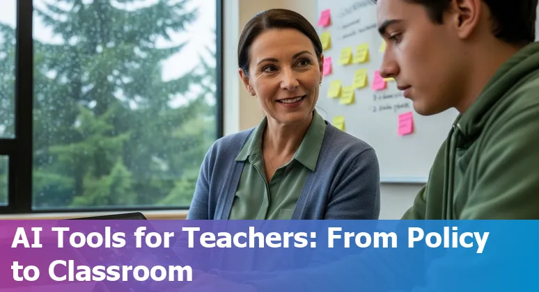 Illustration of AI in education with Portland, Oregon skyline and classroom elements