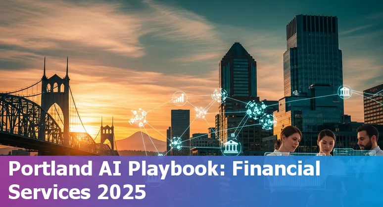 Illustration of AI in financial services with Portland, Oregon skyline and tech symbols in 2025