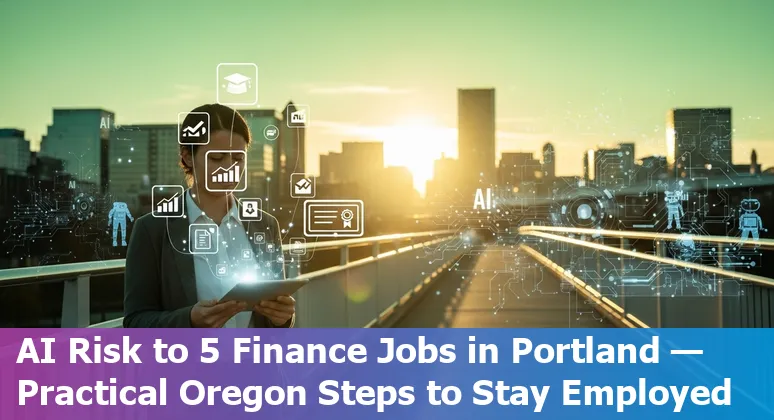 Portland skyline with financial icons and AI circuit overlay representing jobs at risk and adaptation strategies