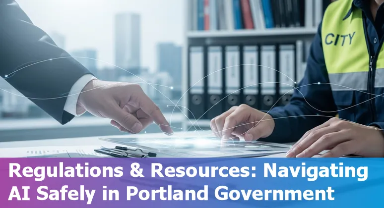 Portland, Oregon city hall and AI symbol overlay representing AI in Portland government in 2025