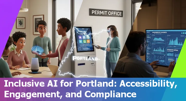 City of Portland staff using GenAI tools for permitting and public engagement, illustrated with permit forms and chatbot icons.