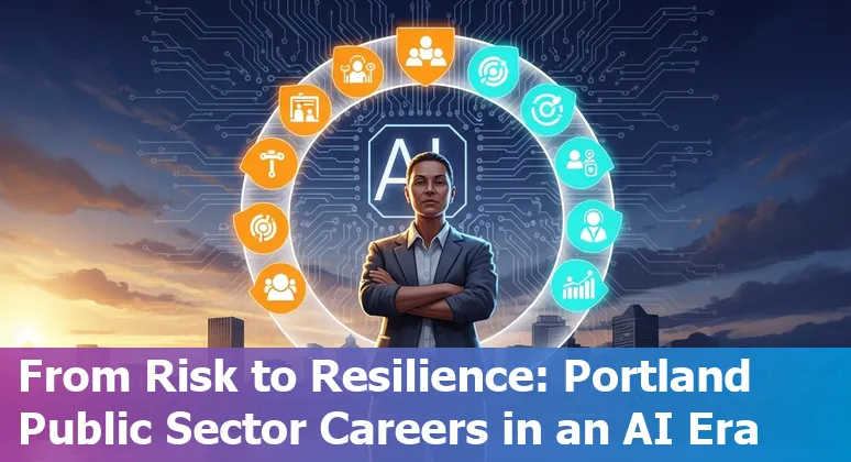 City of Portland government worker at a computer with an AI chatbot overlay, representing jobs at risk and adaptation strategies.