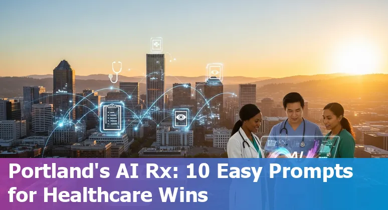 Healthcare provider using AI prompts on a laptop with Portland skyline and OHSU/Casey Eye Institute visible.