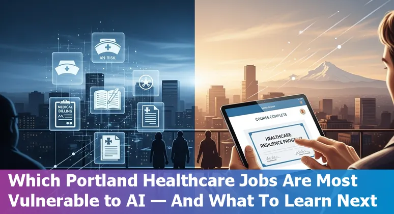 Healthcare workers in Portland reviewing AI tools on a tablet with Providence/St. Vincent hospitals in the background