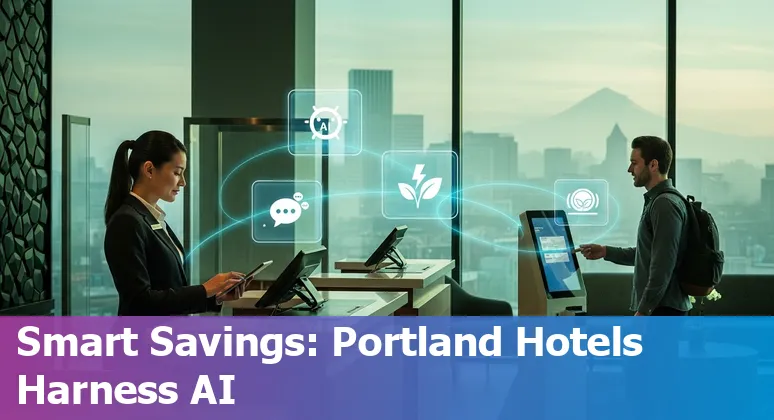 Hotel staff and AI dashboard showing energy and waste savings in Portland, Oregon hospitality scene