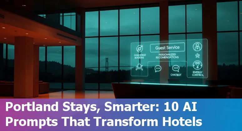 Hotel lobby in Portland with AI icons overlay showing maps, chat, and charts