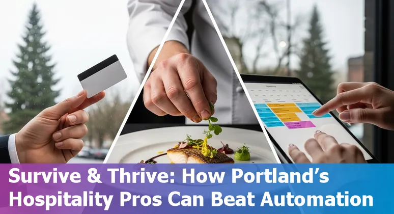 Portland hospitality worker at a hotel front desk with a tablet and AI icons representing automation