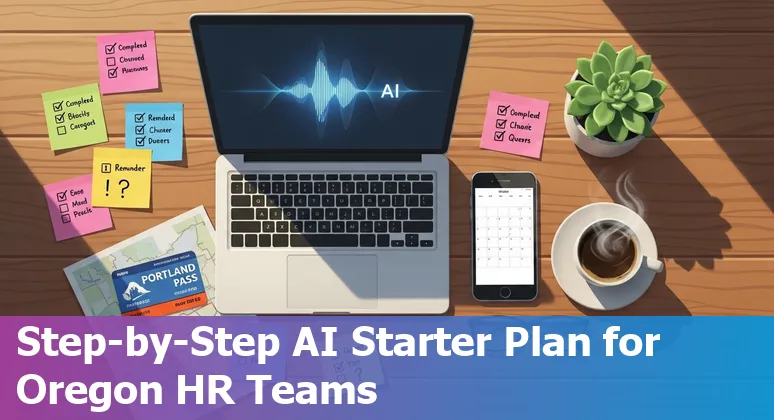 Portland, Oregon HR professional reviewing AI tools on a laptop with Portland skyline in background image