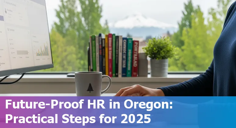 Portland, Oregon HR team discussing AI adoption in 2025 with the Portland skyline visible