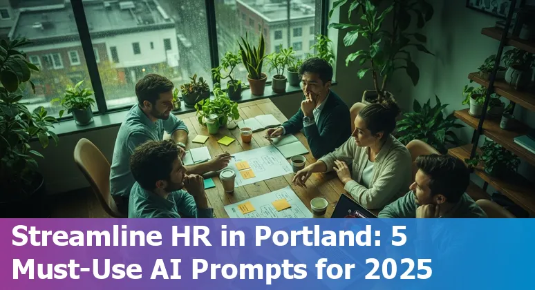 HR professional using AI prompts on a laptop to prepare benefits and open enrollment materials in Portland office.