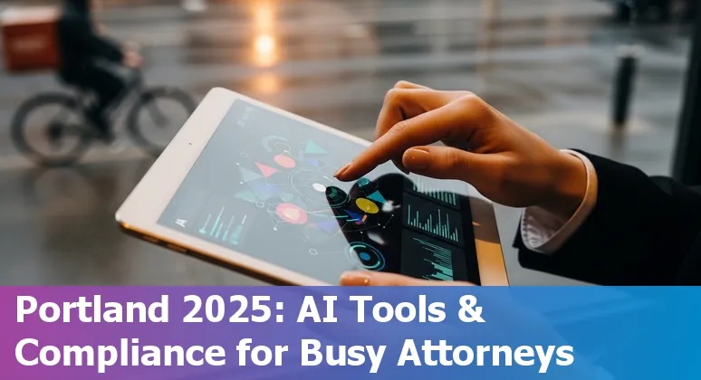 Portland, Oregon lawyer using AI tools in 2025 with skyline and legal books in background