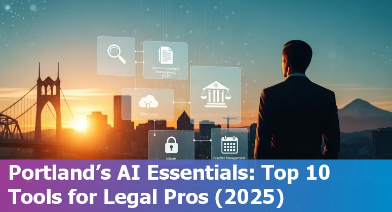 Lawyer using AI tools on a laptop with Portland skyline overlay.