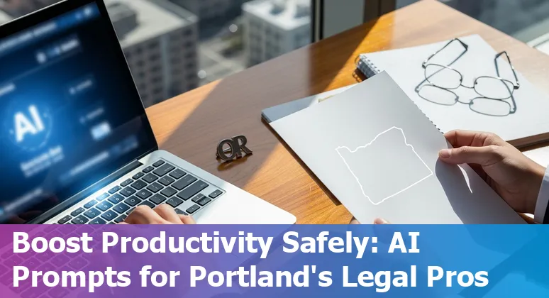 Portland legal team using AI prompts on laptop with Willamette River and city skyline in background.