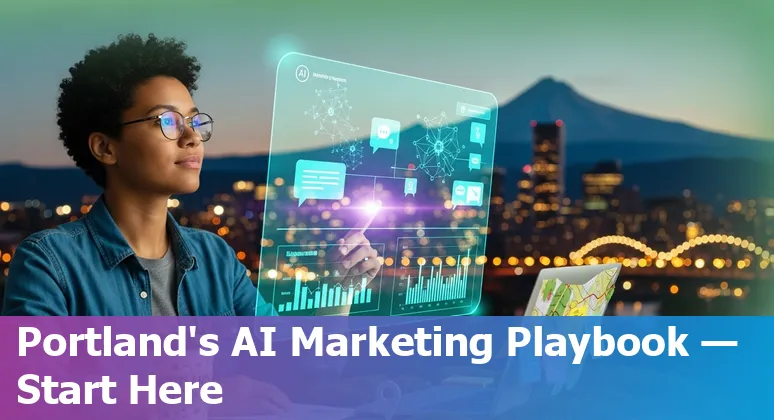 Marketing professional using AI tools in Portland, Oregon skyline, 2025