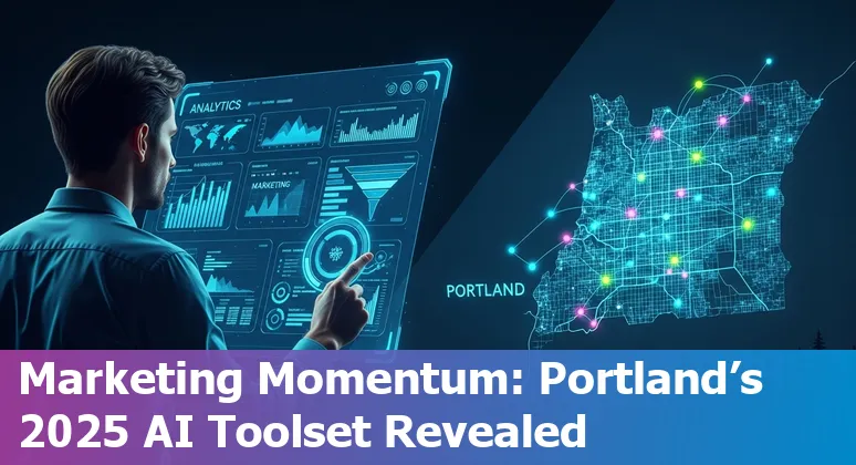 Portland marketer using AI tools on laptop with city skyline and Willamette River in background