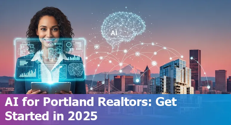 Portland, Oregon real estate agent using AI tools on a laptop with Portland skyline in background