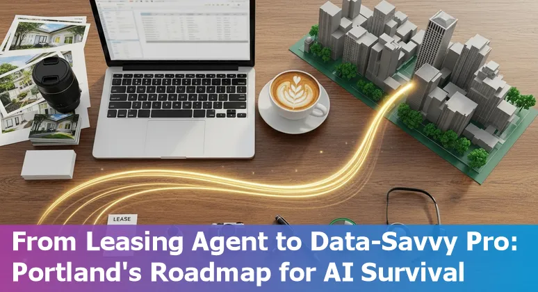 Portland skyline with houses, a realtor holding a tablet and AI icons overlay.