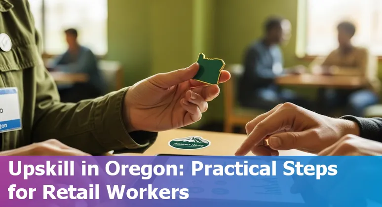 Portland retail worker learning tech skills next to automated self-checkout and warehouse robots.