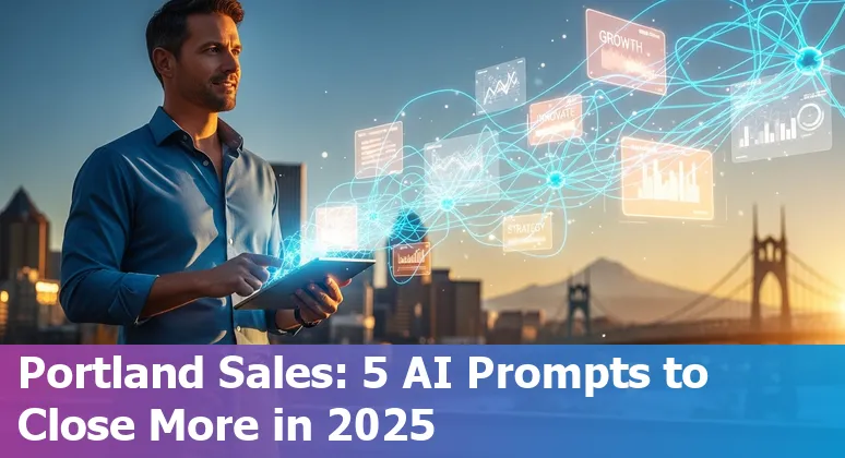 Sales professional using AI to craft a localized cold email for a Portland company with Portland skyline in background