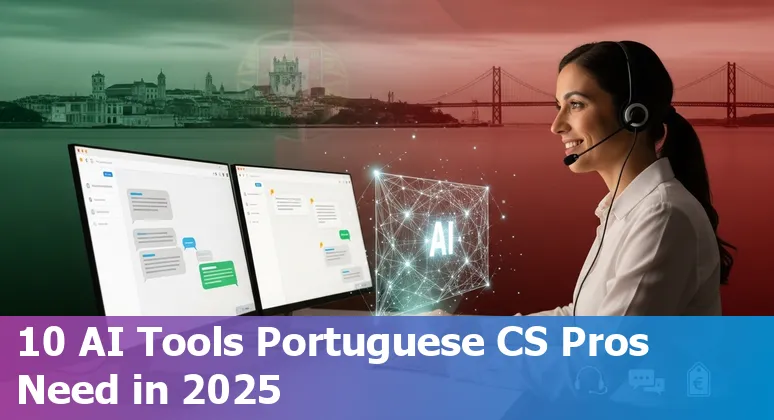 Portuguese customer service professional using AI tools on a laptop showing icons for Zendesk, Intercom and Freshdesk