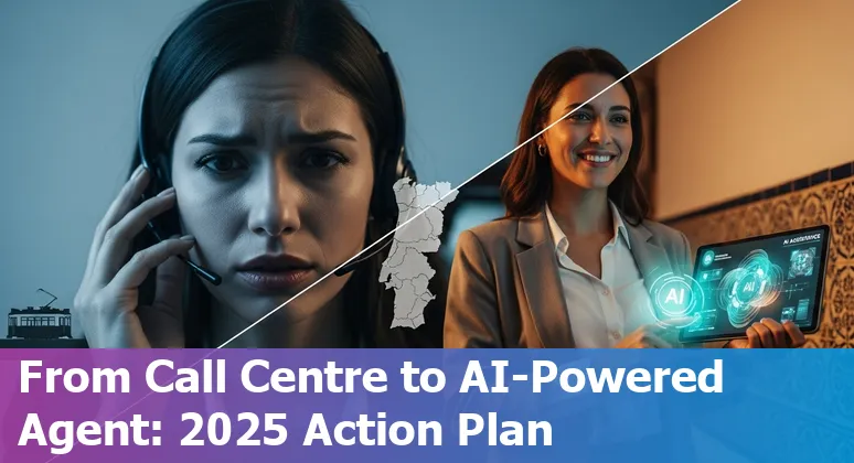 AI and human customer service agents collaborating in an office in Portugal, 2025