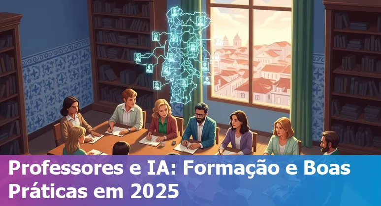 Graphic showing AI in education in Portugal 2025 with students, teacher, AI icons and Portuguese flag elements