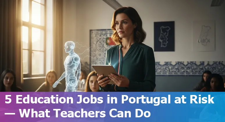 Portuguese teachers and school staff discussing AI tools in a classroom with Portugal flag