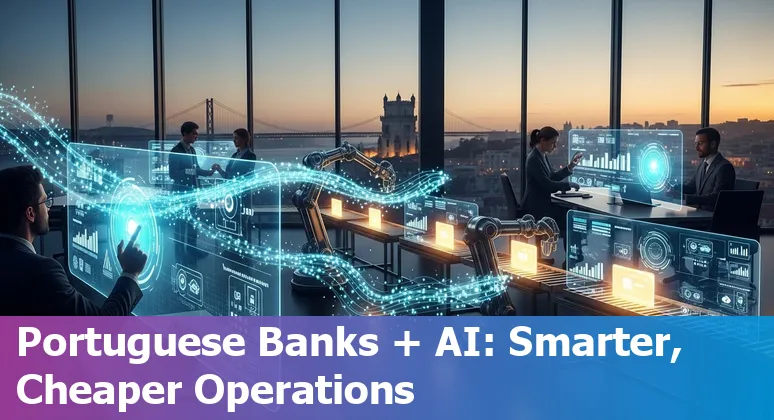 Portuguese bank employee using AI dashboard in Portugal to monitor automation, fraud detection and efficiency gains