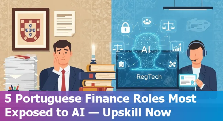 Bank employee learning AI governance on a laptop with Portuguese bank branch in background