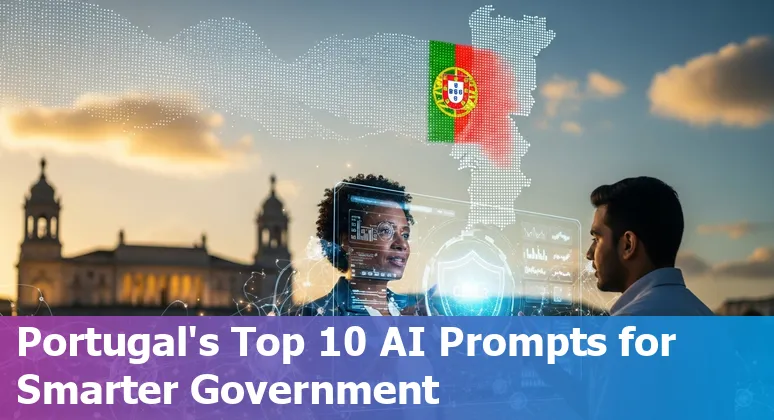 Illustration of Portugal map with AI icons for health, education, justice, environment and public services