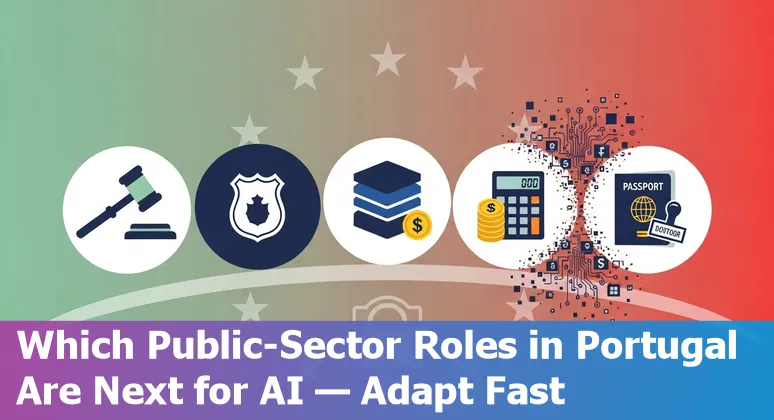 Portuguese civil servants adapting to AI tools with training, chatbots, and digital governance icons