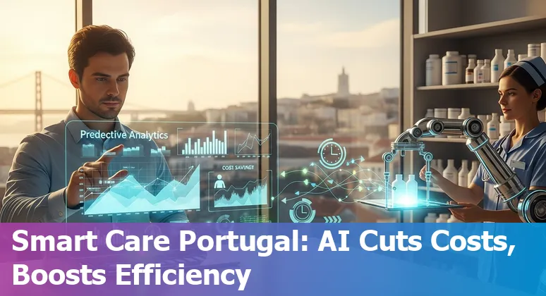Illustration of AI in healthcare in Portugal: RPA, predictive analytics, diagnostics, pharma manufacturing and GDPR-aware compliance.