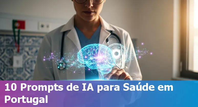 Profissional de saúde português usando IA no computador com ícones de prompts e cuidados médicos